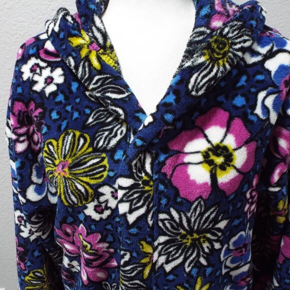 Vera Bradley Plush Blue Floral & Leopard Robe with Pockets / Hood L/XL - Picture 2 of 12
